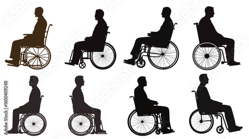 Side view vector graphic design of a man in a wheelchair, illustrating accessibility and mobility with clear silhouette style, symbolizing inclusion, disability awareness, healthcare, independence, 