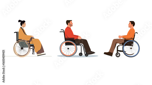 Side view vector graphic design of a man in a wheelchair, illustrating accessibility and mobility with clear silhouette style, symbolizing inclusion, disability awareness, healthcare, independence, 