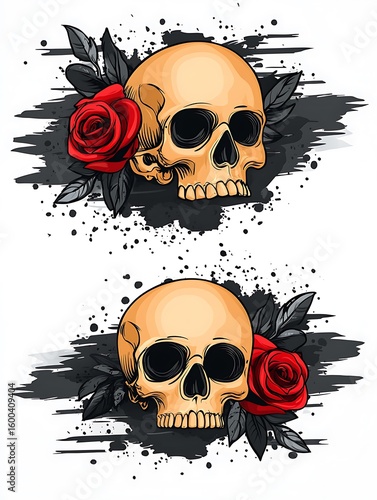 Two artistic depictions of human skulls with red roses and foliage