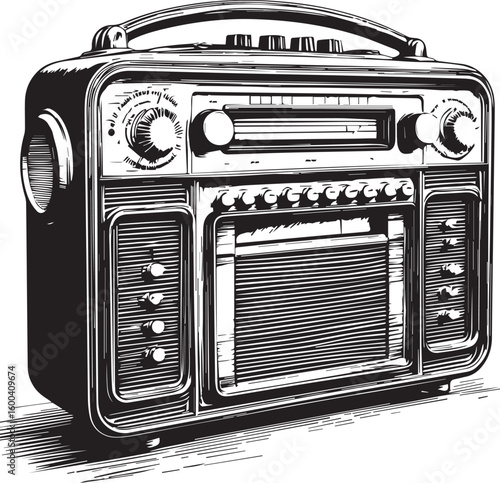 Full view of A highly detailed, Black and white, intricate vector engrave drawing of a radio