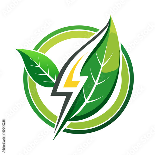 Green energy concept with lightning bolt and leaves inside a circle