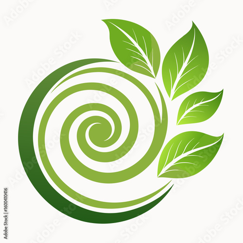 Abstract green swirl with growing leaves symbolizing nature and growth
