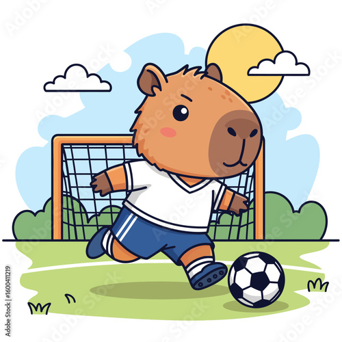 cute capybara is playing football