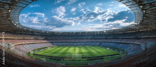 Breathtaking Panorama of a Modern Soccer Stadium Under a Cloudy Sky