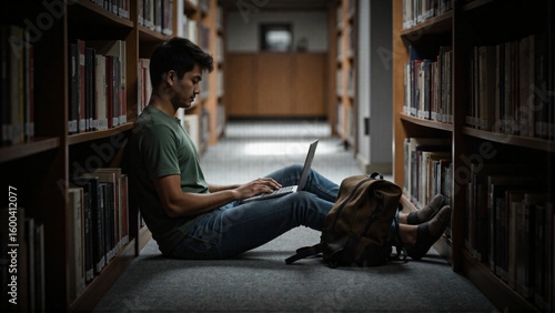 College student studying with laptop on library floor between bookshelves, academic research, focused learning, higher education, digital study habits, young man preparing for exams in university libr