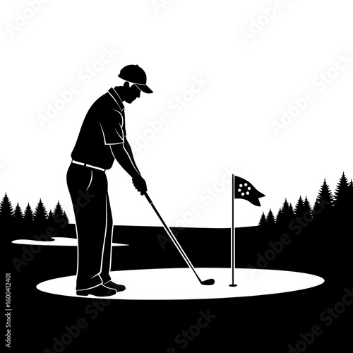 Male Golfer Lining Up Tee Shot on Course Silhouette: Precision & Game Strategy