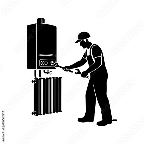 Plumber Fixing Central Heating System Silhouette: Home Maintenance & Expert Service