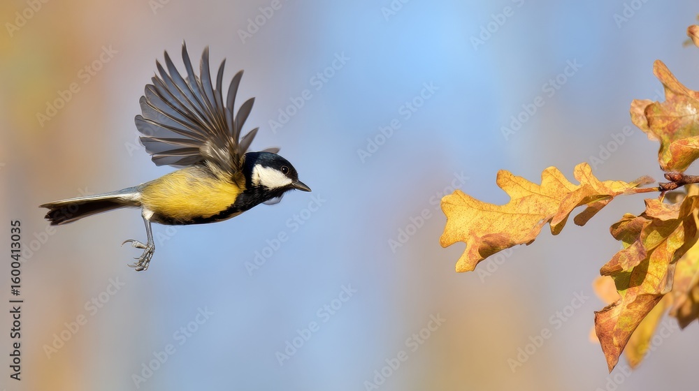 Naklejka premium Beautiful small tit bird flying near oak tree branch with golden autumn leaves in sunny park, showcasing vibrant seasonal nature and graceful motion of wildlife in a peaceful outdoor forest scene