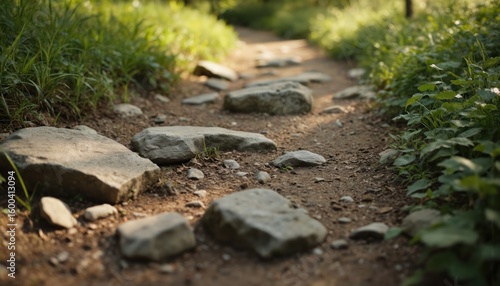 Wallpaper Mural Sunlit nature trail featuring a rocky path through lush green forest surroundings. Earthy ground and foliage create a serene, peaceful ambiance ideal for exploration and travel. Torontodigital.ca