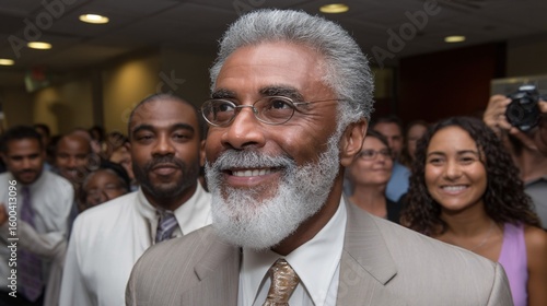 A joyful elderly man with gray hair and beard, wearing glasses and a suit, smiles warmly while surrounded by diverse, happy people in a crowded indoor setting.