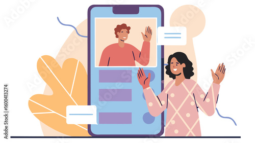 Woman waving at a man on a smartphone screen during a video call with chat bubbles around her