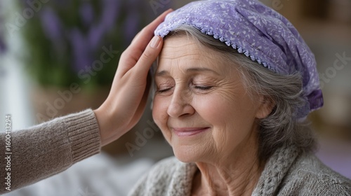 An elderly woman wearing a purple headscarf smiles gently as a hand tenderly touches her head, conveying warmth and care.