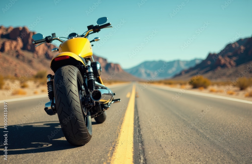 Obraz premium A yellow motorcycle parked on an open desert road with mountains in the background