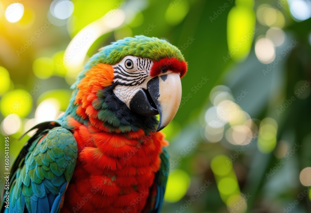 Fototapeta premium Colorful parrot with vibrant feathers and striking facial features in a lush green environment