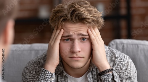 A young man looks stressed and overwhelmed, holding his head with both hands while sitting indoors on a couch.