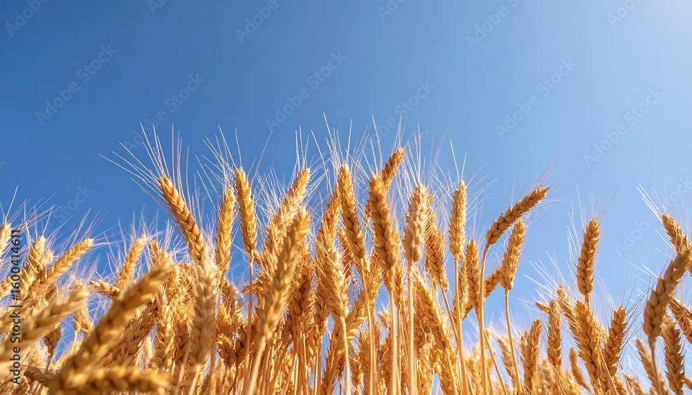Fototapeta premium Golden wheat field against a vibrant blue sky