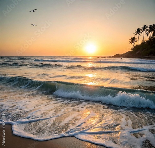 Tropical Sunset on a Serene Beach with Gentle Waves and Palm Trees”
