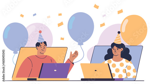 People celebrating virtually with balloons and confetti on laptops during a video conference call