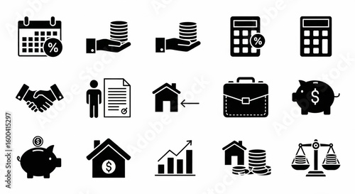 Loans and Mortgages Glyph Icon Set – Vector Percent, Calendar, Payment, Interest, Agreement, Broker Symbols