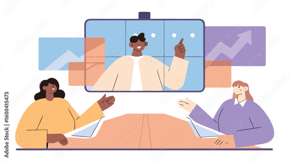 Fototapeta premium Illustration of a virtual meeting with three people and data charts in the background