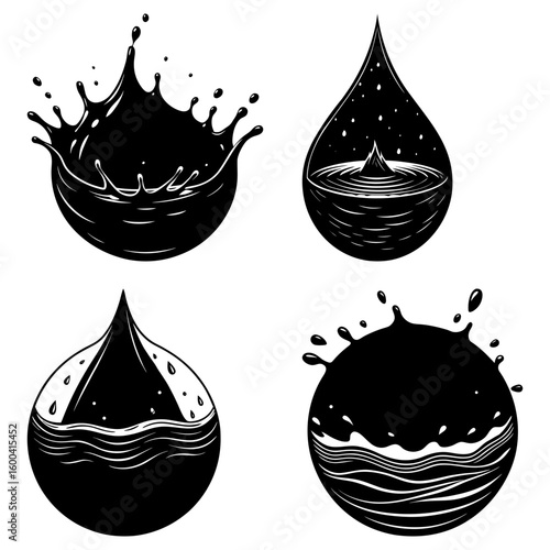 Four stylized black and white water droplets with varying designs and splash effects displayed together