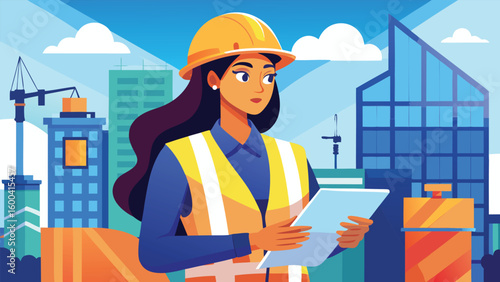 Woman architect in hard hat reviewing plans on site safety vest construction site