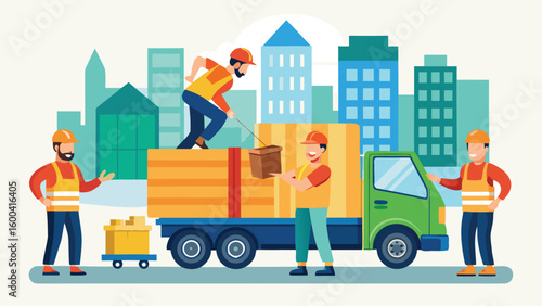 Workers unloading construction materials from truck boxes