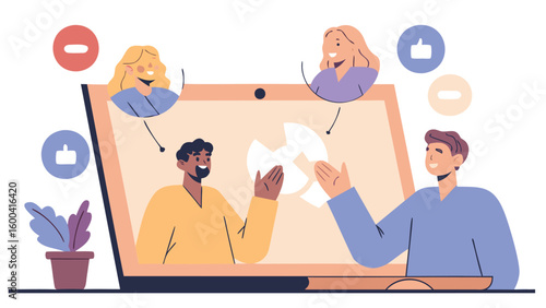 Online meeting with four people on a laptop screen with thumbs up and minus icons floating around them
