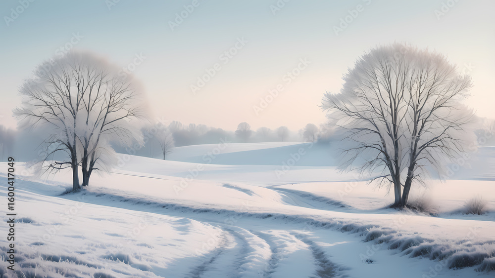 Minimalist illustration of a quiet winter scene with snow-covered terrain, bare trees and cool light, perfect for seasonal design with a soft, modern touch Minimalist illustration of a quiet winter scene with snow-covered terrain, bare trees and cool light, perfect for seasonal design with a soft, modern touch