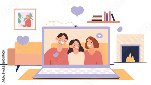 Laptop screen showing a family of three with hearts and a fireplace in the background scene view