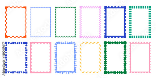 green invitation border collection. Trendy doodle borders with geometric patterns and curved shapes. Abstract design elements for invitations. Flat vector illustration collection