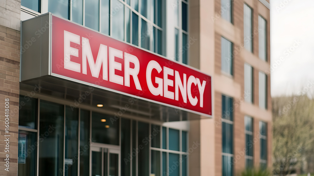 Obraz premium Hospital emergency entrance: Illuminated red sign indicates the emergency room entry. Modern building with glass doors. Medical care setting.