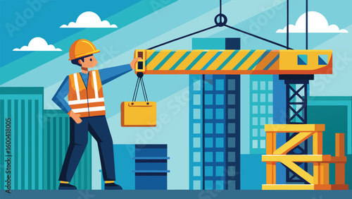 Construction worker operating yellow crane lifting yellow load safety vest