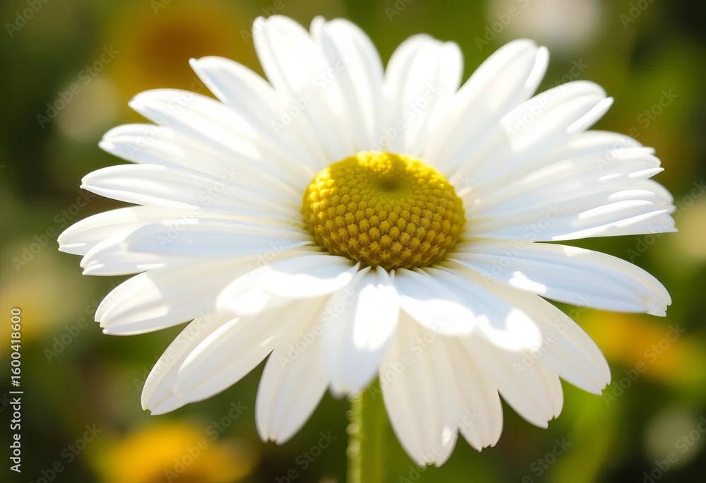 Fototapeta premium Delicate white chamomile flower, petals unfurling, soft sunlight, tranquility, organic