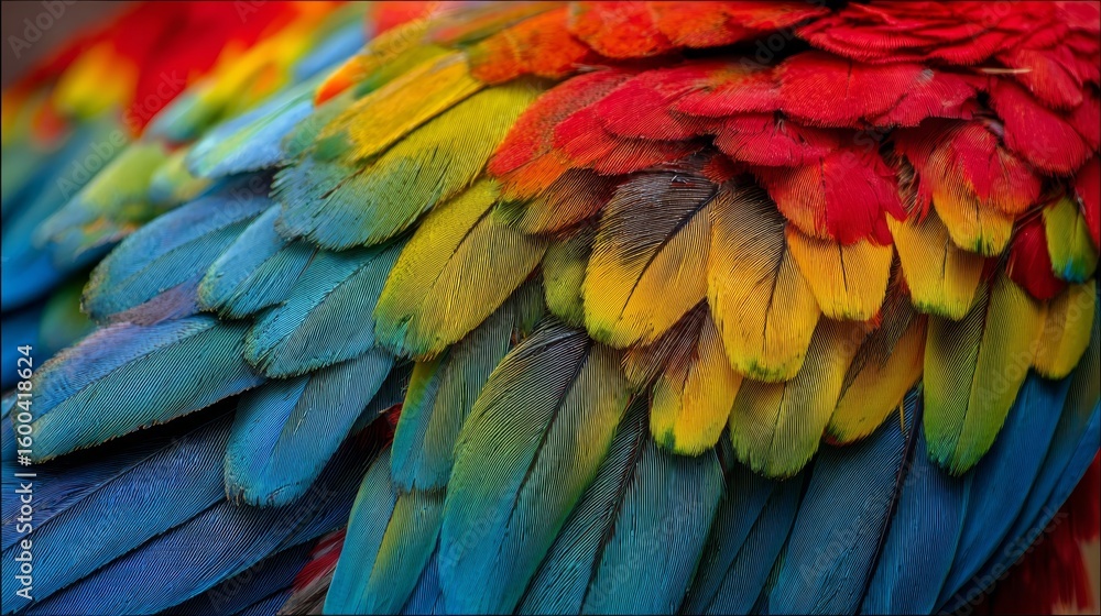 Obraz premium Close-up of vibrant and colorful macaw plumage showcasing detailed texture, feather layers and vivid hues of blue, red, yellow and green in tropical bird species for exotic wildlife, nature concepts