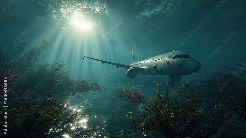 Obraz premium Sunlit underwater plane wreck
