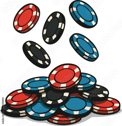 Colorful poker chips falling onto a pile in a casino gambling scene