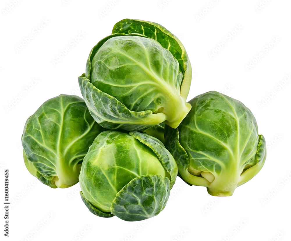 Fototapeta premium Freshly harvested Brussels sprouts in a close-up, showcasing its vibrant color, isolated on transparent background.