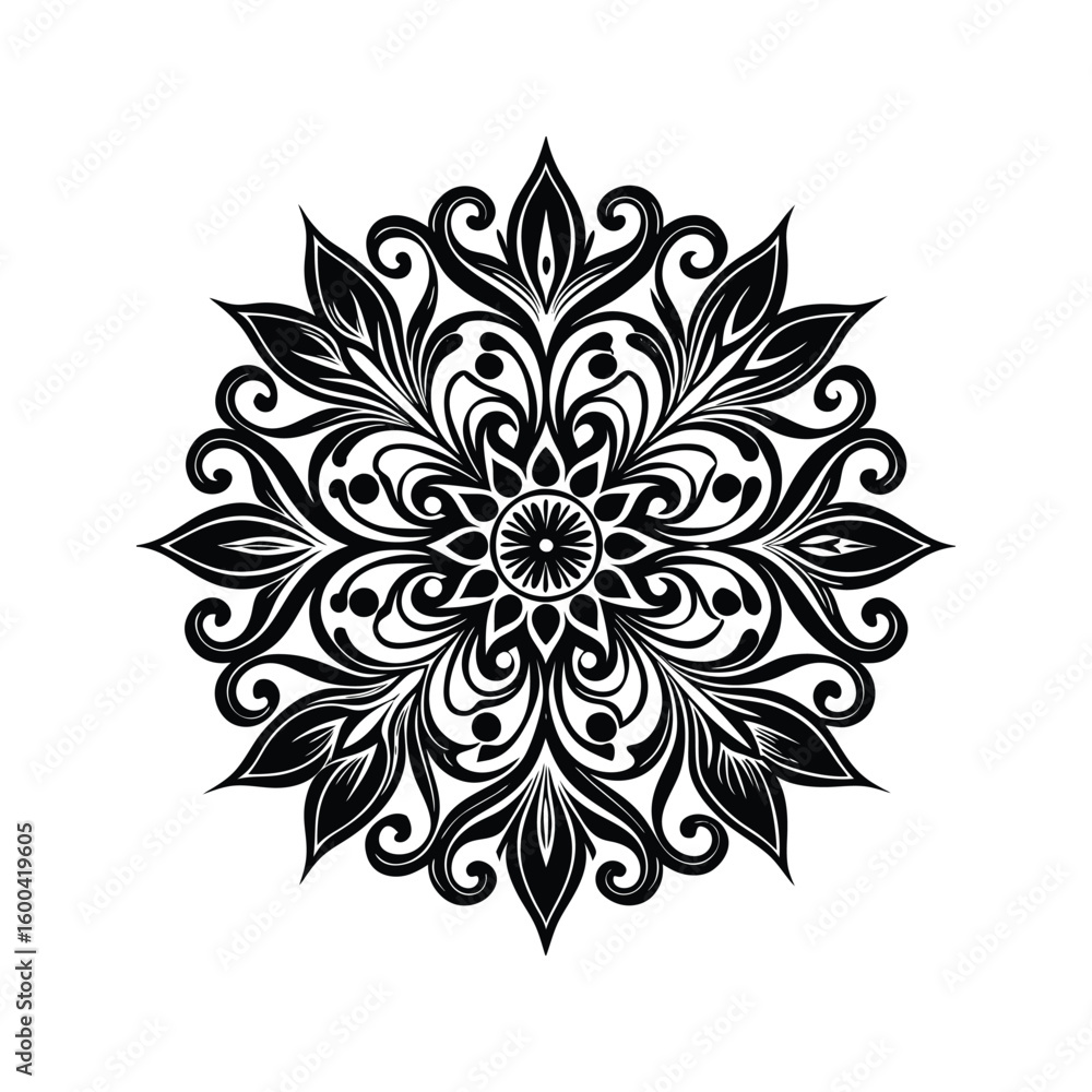 Fototapeta premium Black intricate floral mandala with swirling leaves and petal shapes pattern white