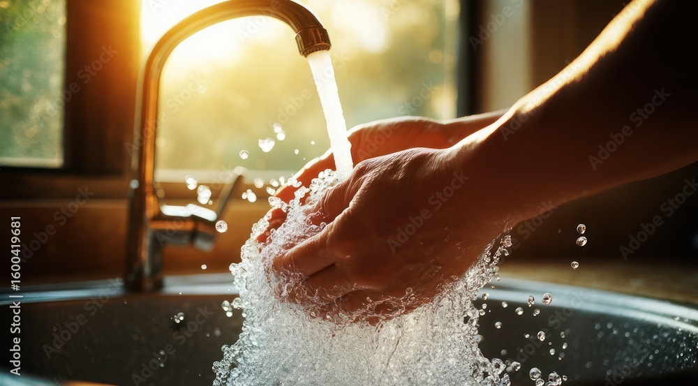 Fototapeta premium Washing hands under running tap water in the kitchen sink at home