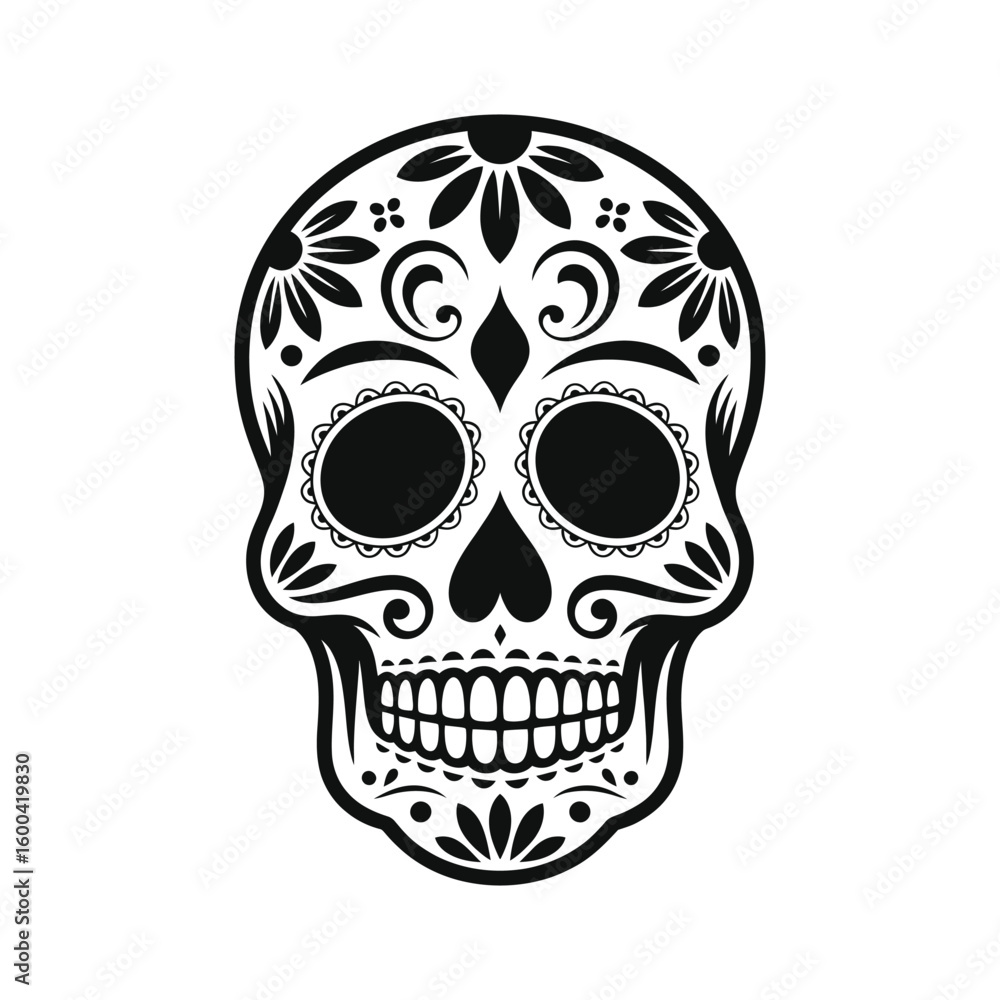 Fototapeta premium Black ornate sugar skull with floral patterns day of the dead mexican culture