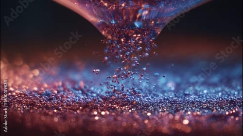 Metallic iridium particles coalesce under a narrow glass funnel, forming a crucible shape and showcasing dynamic interactions and surface tension effects