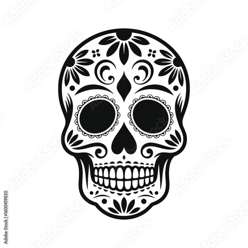Black ornate sugar skull with floral patterns day of the dead mexican culture