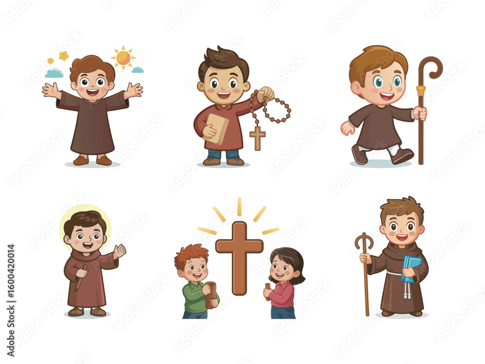 Fototapeta premium Boys and girls in religious attire with symbolic objects brown robes