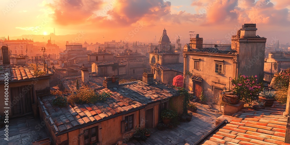 Obraz premium Scenic Sunset Over Italian Rooftops in Old City