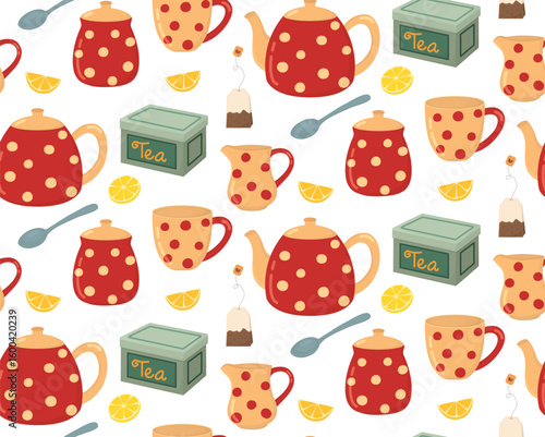 Seamless pattern with tea pots, tea bags, cups, box, creamer, sugar bowls, spoons and lemons. Hand drawn background of morning beverage