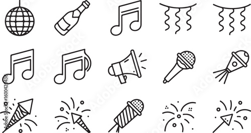 Disco ball champagne music notes party poppers microphones and streamers