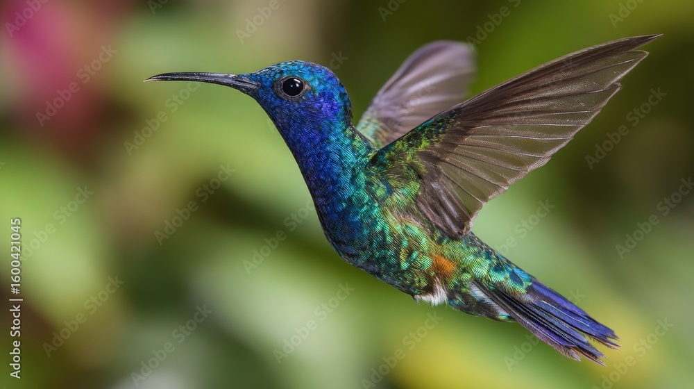 Obraz premium Golden-tailed Sapphire hummingbird male with shimmering feathers , outstretched wings hovering mid-air against green foliage and blue background. Vivid wildlife, tropical bird, nature, motion concept