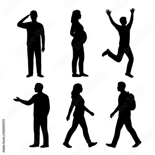 Silhouettes of diverse individuals in various poses including standing walking and jumping in black color