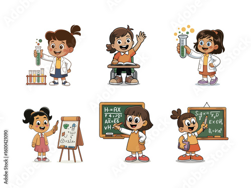 Children learning science and math with experiments and equations vector